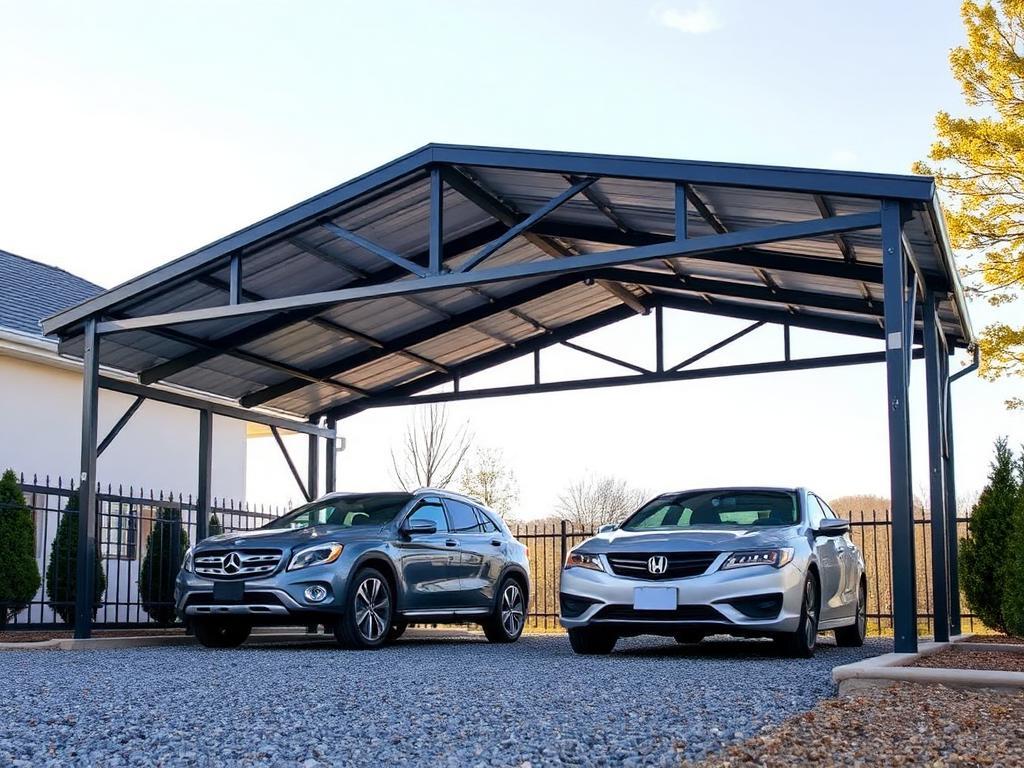 Steel carport with vehicles parked underneath — for sale with free install